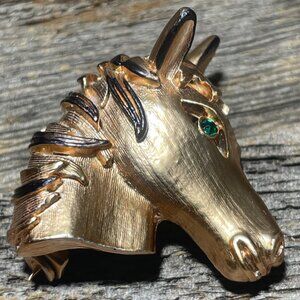 Copper Horse Head Brooch Green Eyed 1”x1”Stallion